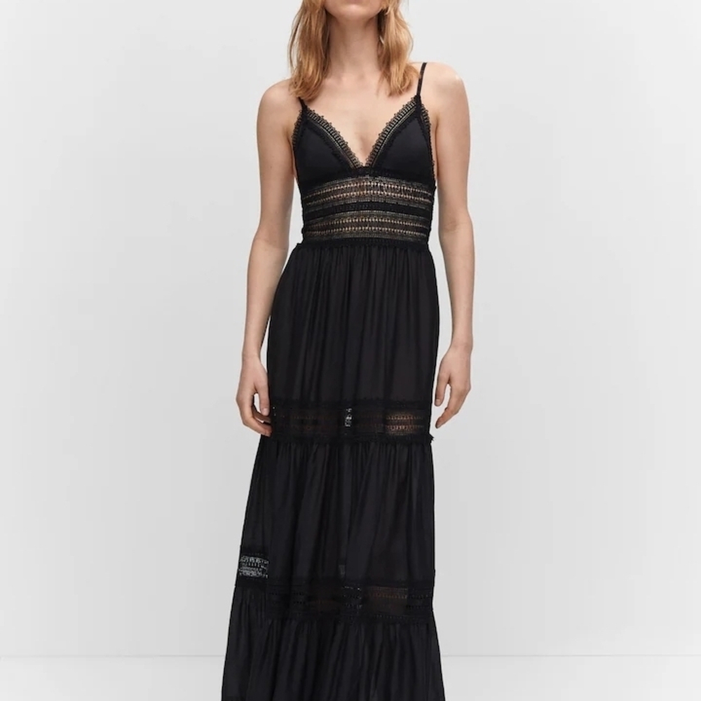 Mango Black Tiered Maxi Dress with V-Neck